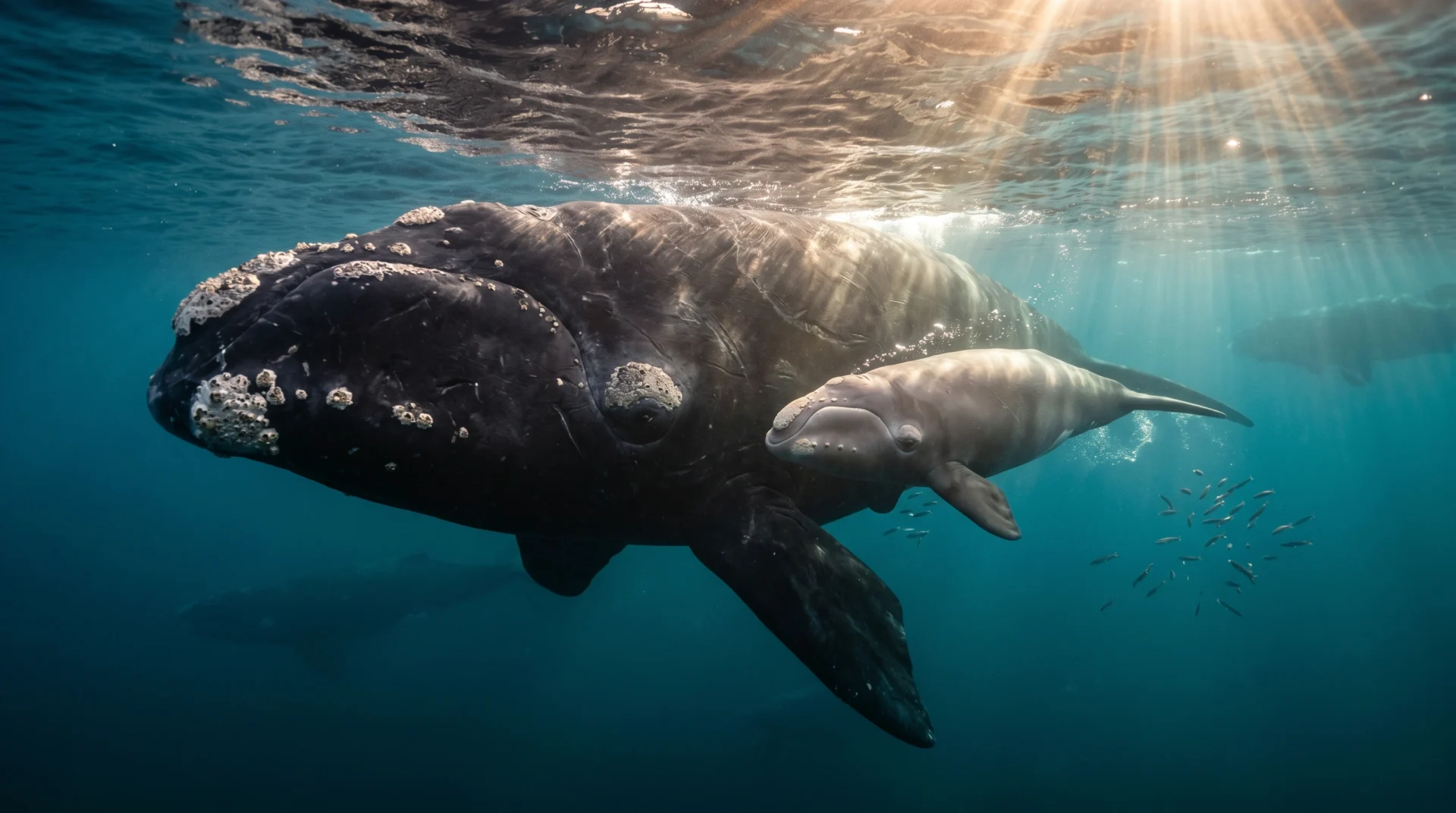 A North Atlantic right whale mother swimming with her newborn calf in warm coastal waters