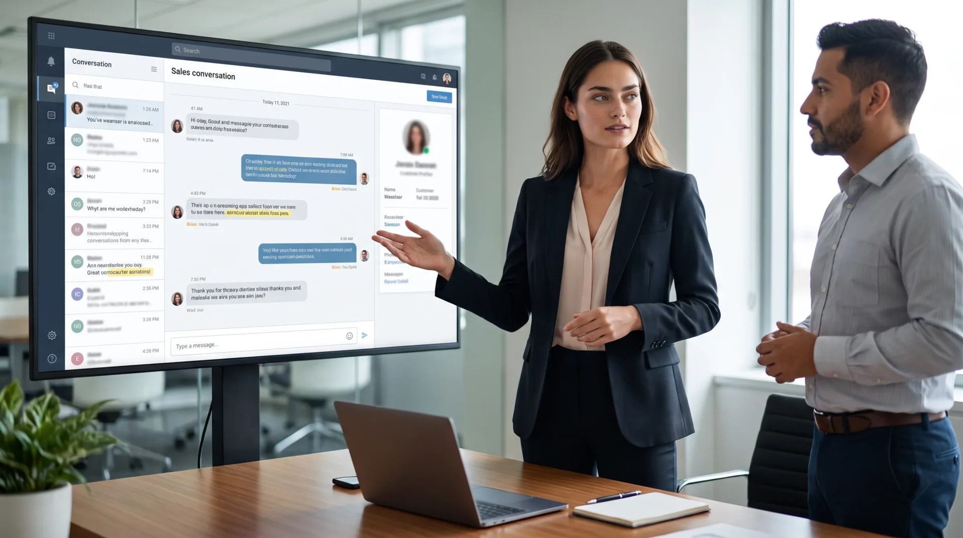 A salesperson reviewing a customer conversation history on a tablet next to an AI assistant interface