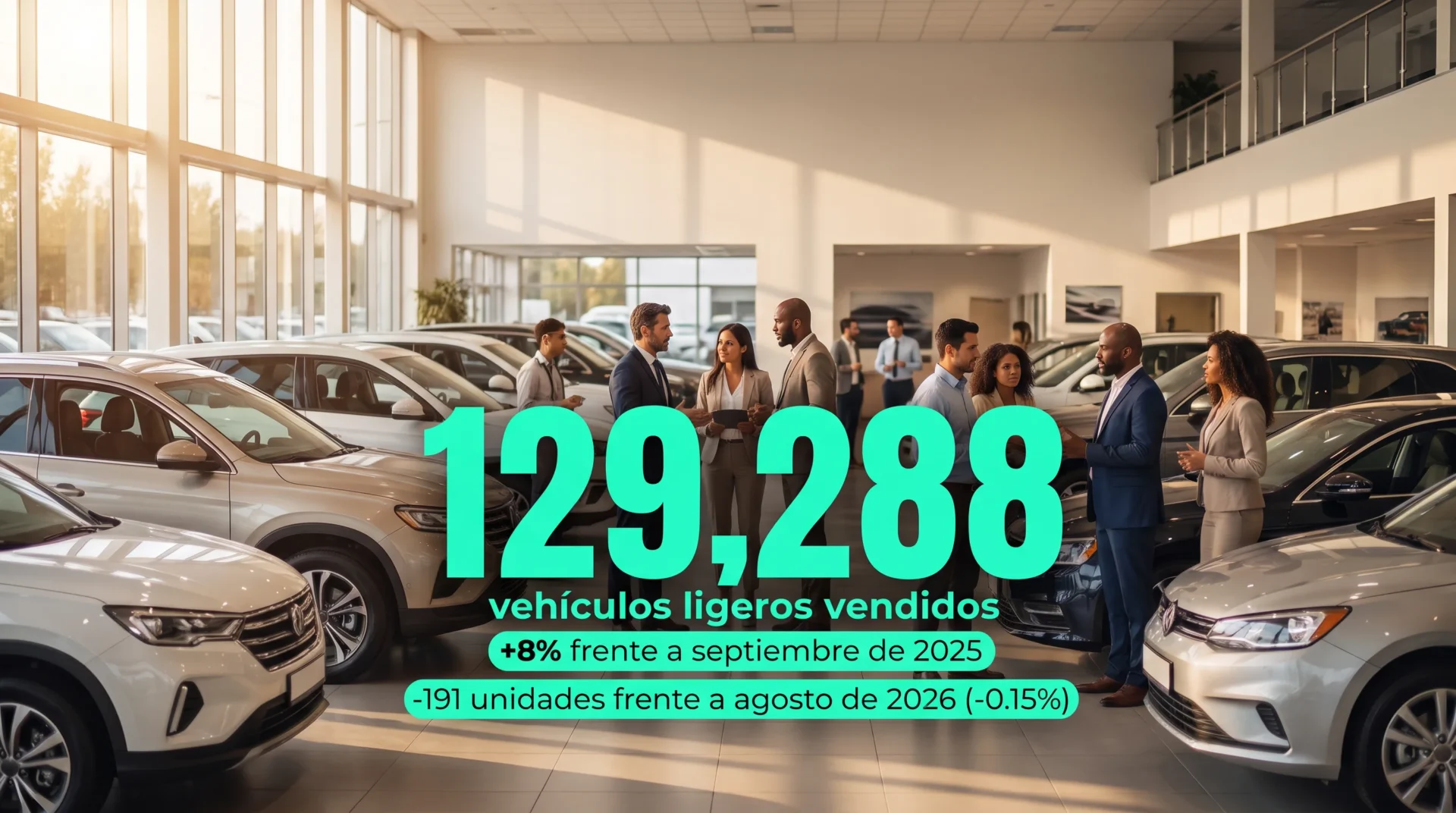 Rows of new cars on a dealership floor in Mexico with a sales growth chart overlay