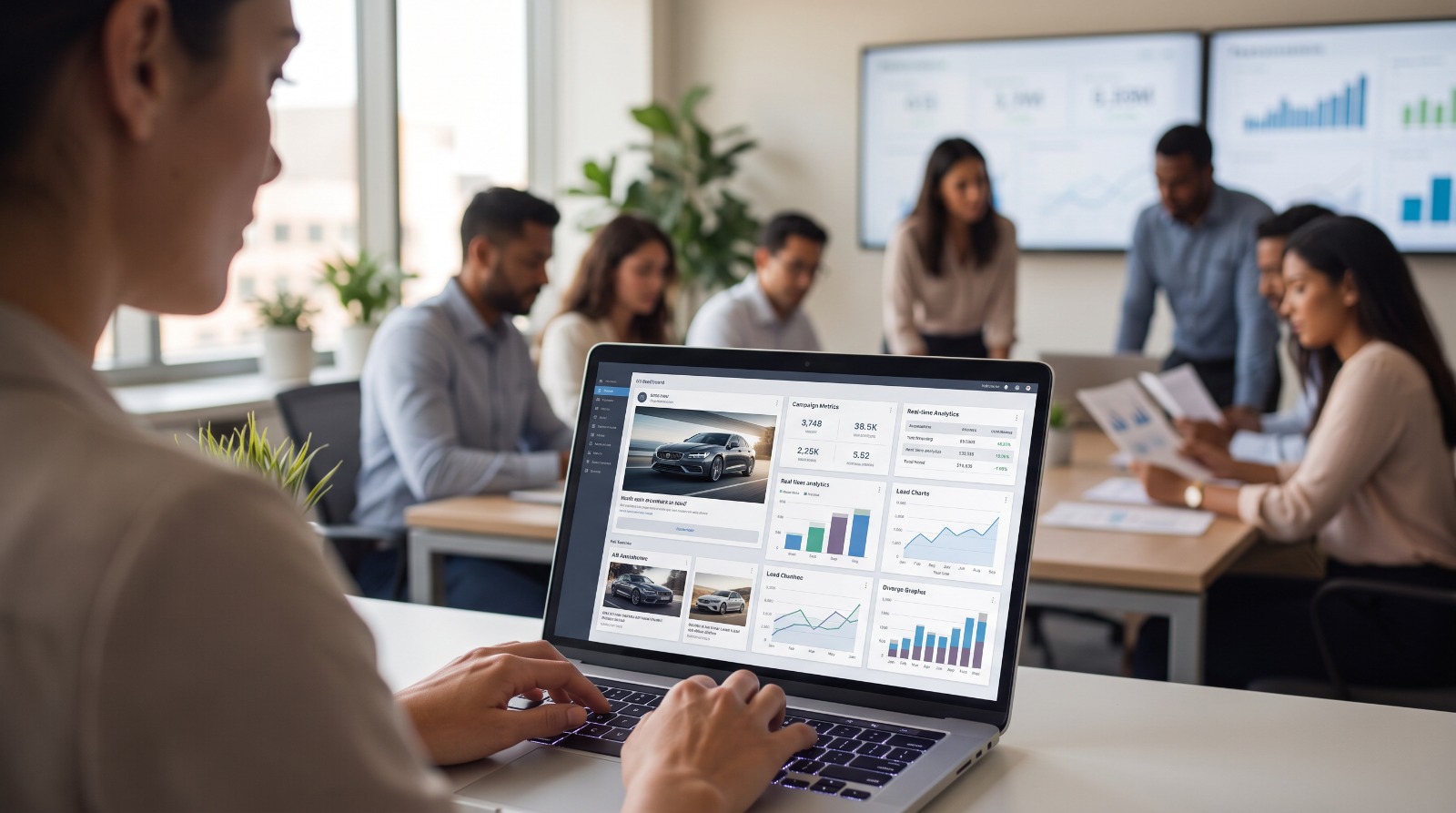 Dashboard showing automotive sales funnel from lead to invoice