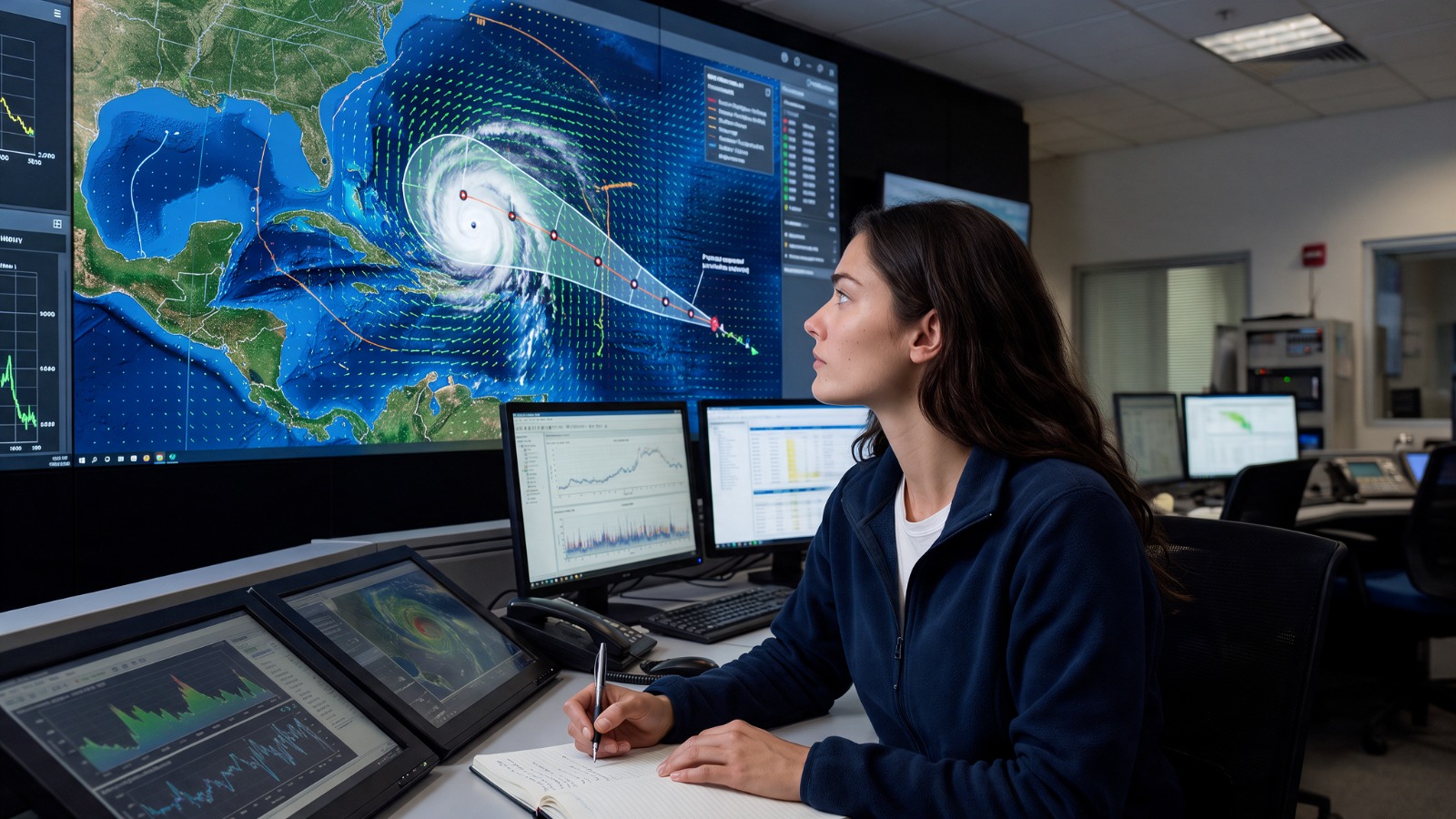 Satellite view of a storm system over land and ocean, symbolizing AI-powered weather forecasting