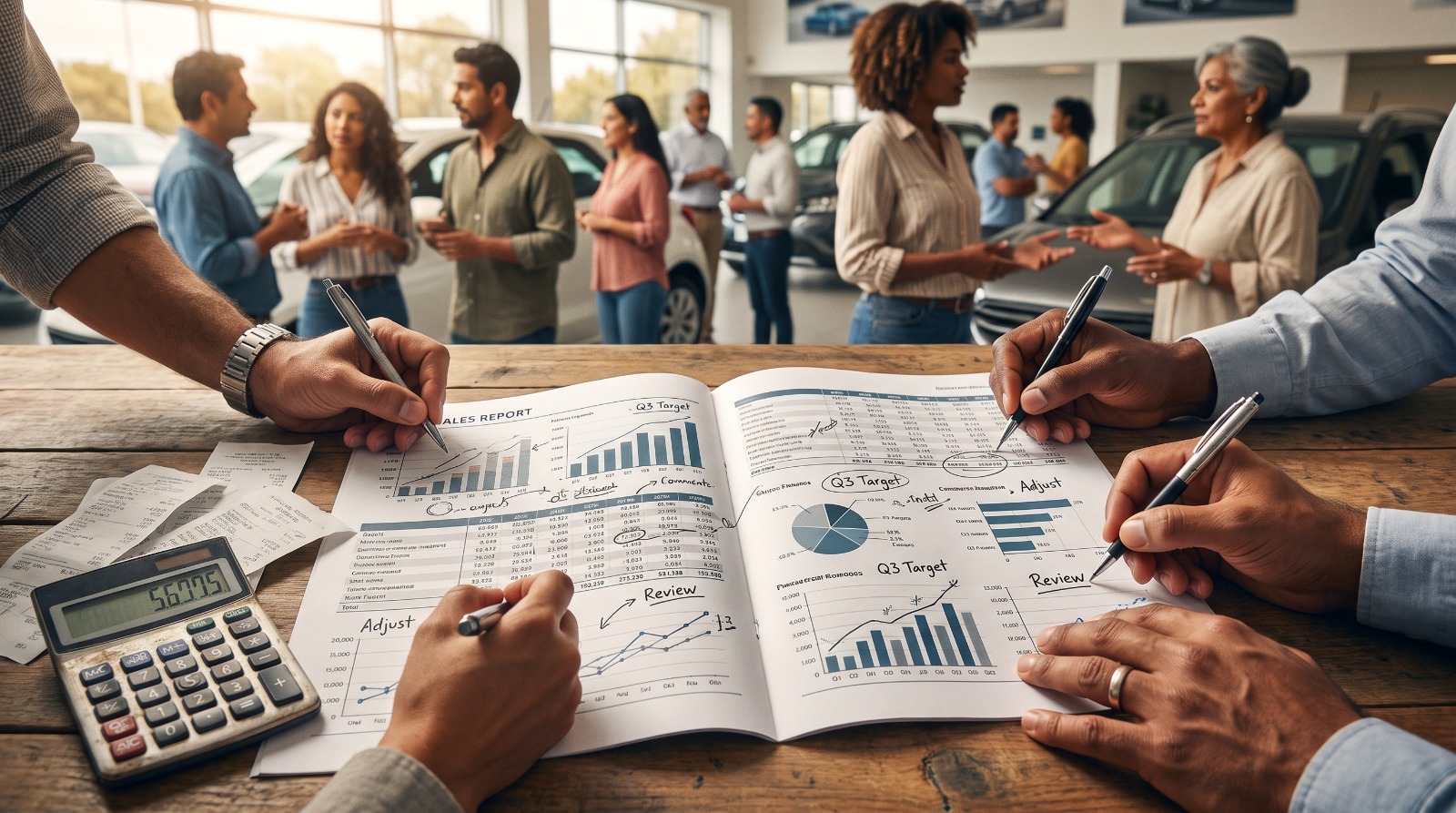 Dashboard showing sales funnel metrics, conversation signals and automotive dealership data connected through BIKY.ai