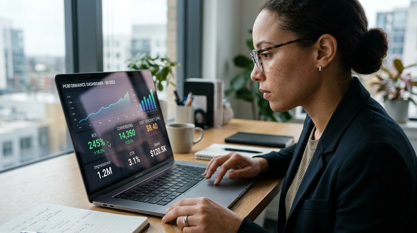 Dashboard showing ad campaigns connected to CRM data and a sales funnel inside BIKY.ai