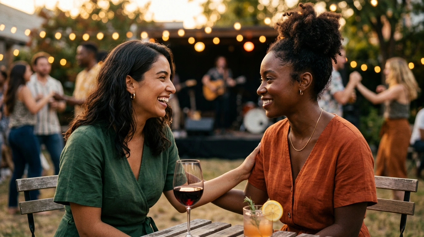 A group of people enjoying a social gathering without phones, talking and laughing in a relaxed setting.