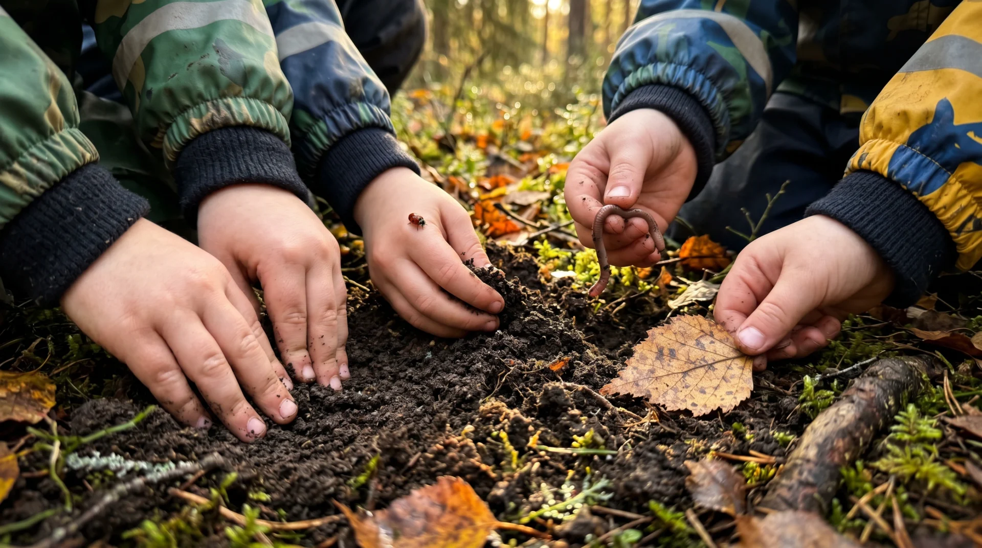 Crianças brincando sobre musgo e grama natural no pátio de um centro infantil finlandês