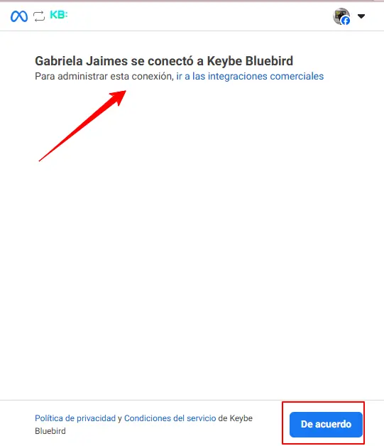 Confirmacion conexión facebook a conectar con Biky AI y Keybe AI