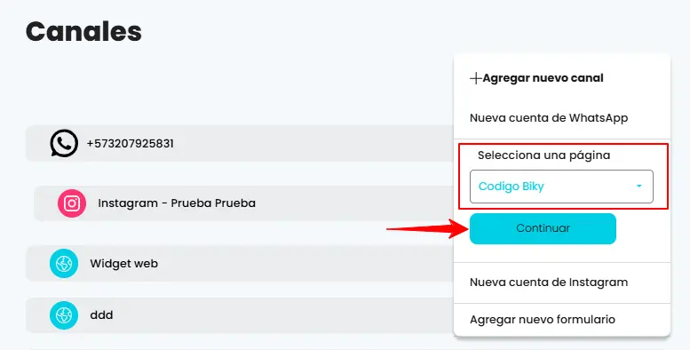 Seleccionar cuenta facebook a conectada con Biky AI y Keybe AI