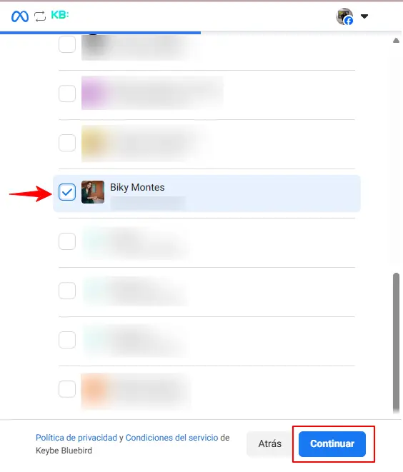 Seleccionar cuenta facebook a conectar con Biky AI y Keybe AI
