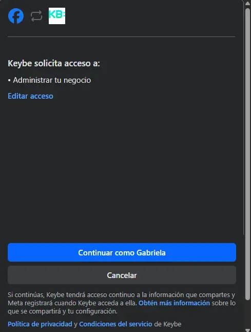 Seleccionar permisos instagram a conectar con Biky AI y Keybe AI