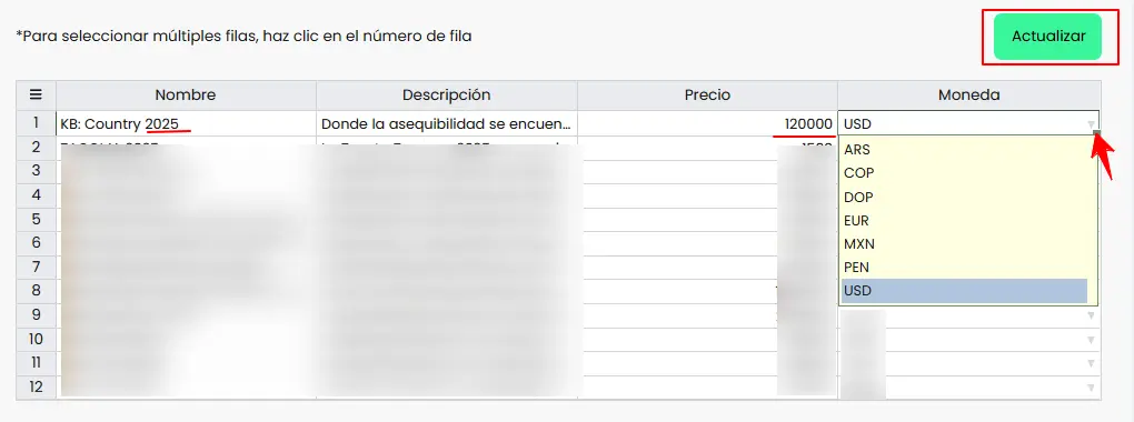 Botón “Actualizar” para guardar los cambios realizados durante la edición masiva del catálogo.