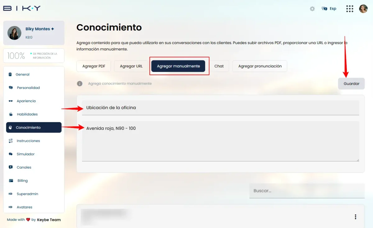 Formulario para ingresar información clave manualmente al Vendedor IA de Biky AI