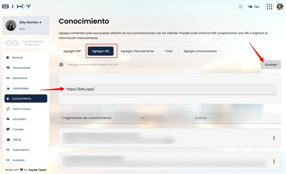 Campo para agregar una URL con información para entrenar al asistente de inteligencia artificial.