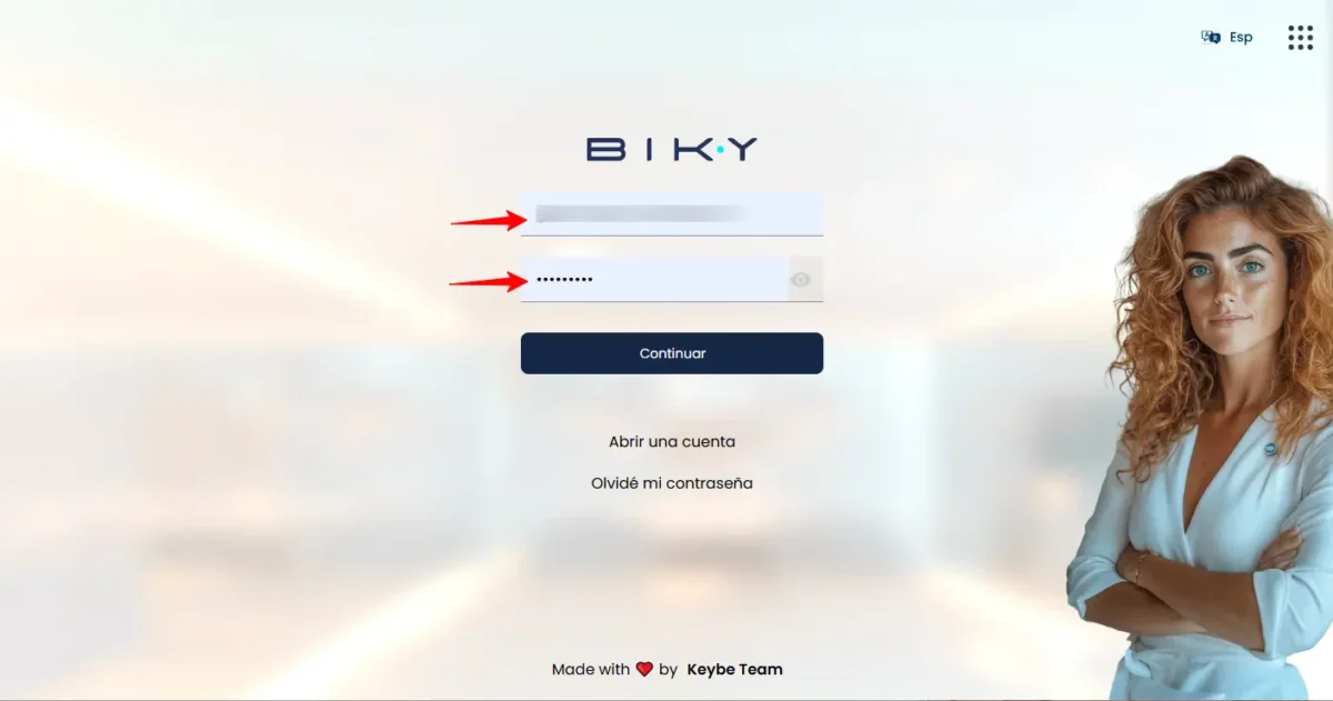 Pantalla de inicio de sesión en Biky.app para acceder a las configuraciones de Biky IA