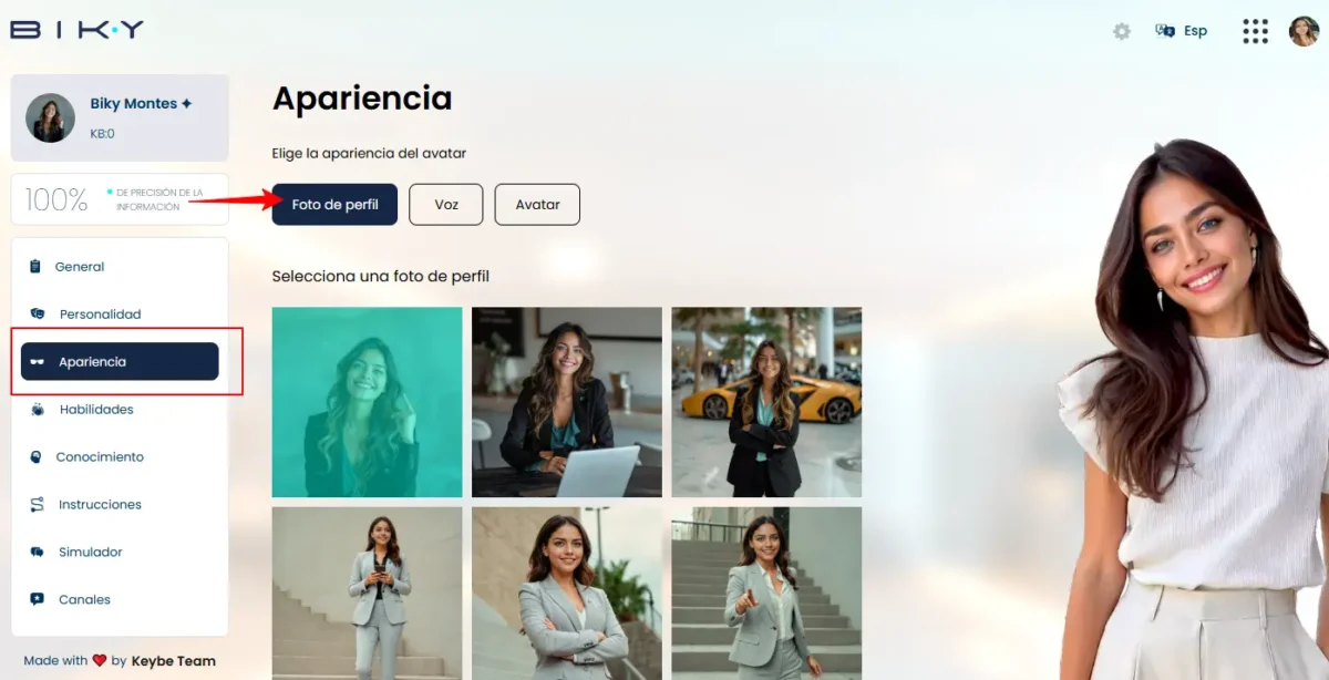 Vista general del módulo de apariencia en Biky AI para configurar foto, voz y avatar del Vendedor IA