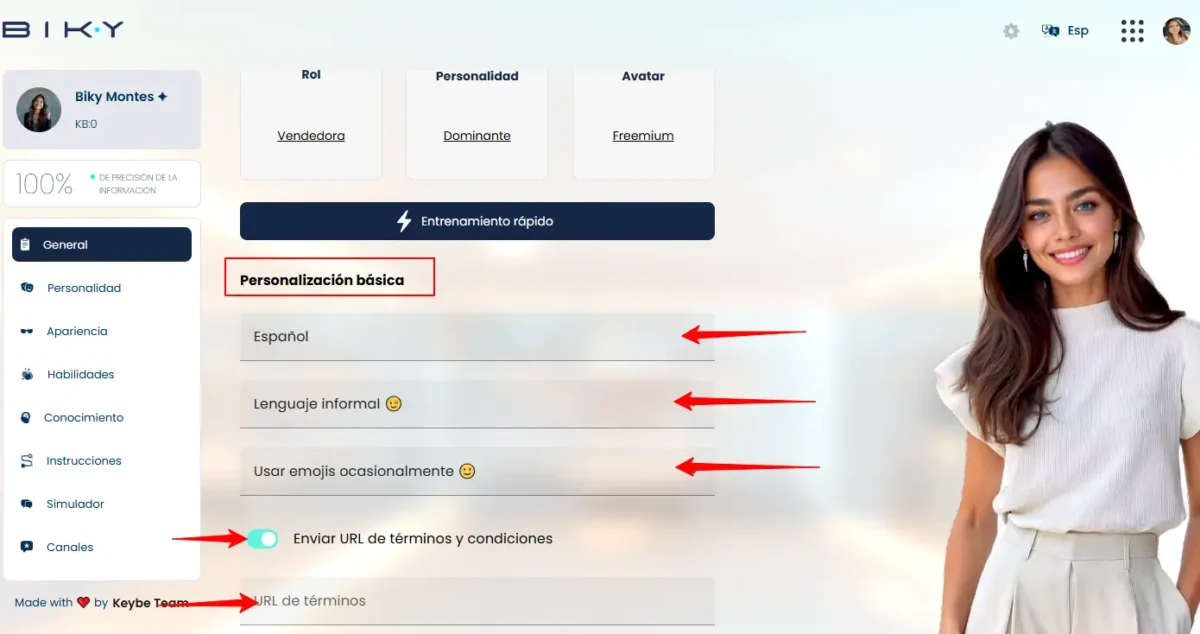 Panel de configuración básica del Vendedor IA en Biky con idioma, estilo, emojis y términos.