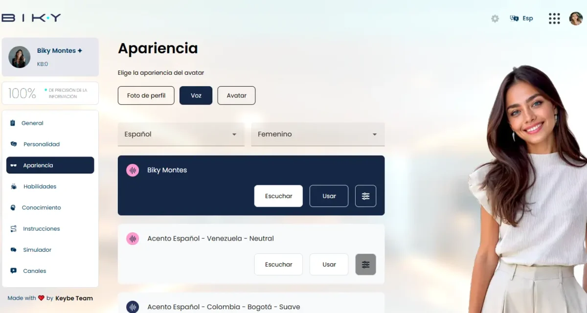 Opciones de voz e idioma para personalizar si el Biky IA tiene voz femenina o masculina