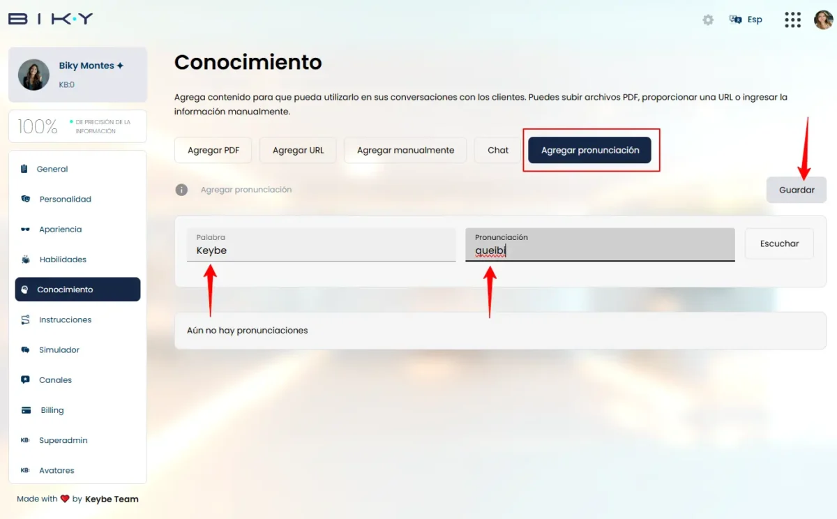 Panel para enseñar la pronunciación correcta de palabras al asistente IA de Biky AI