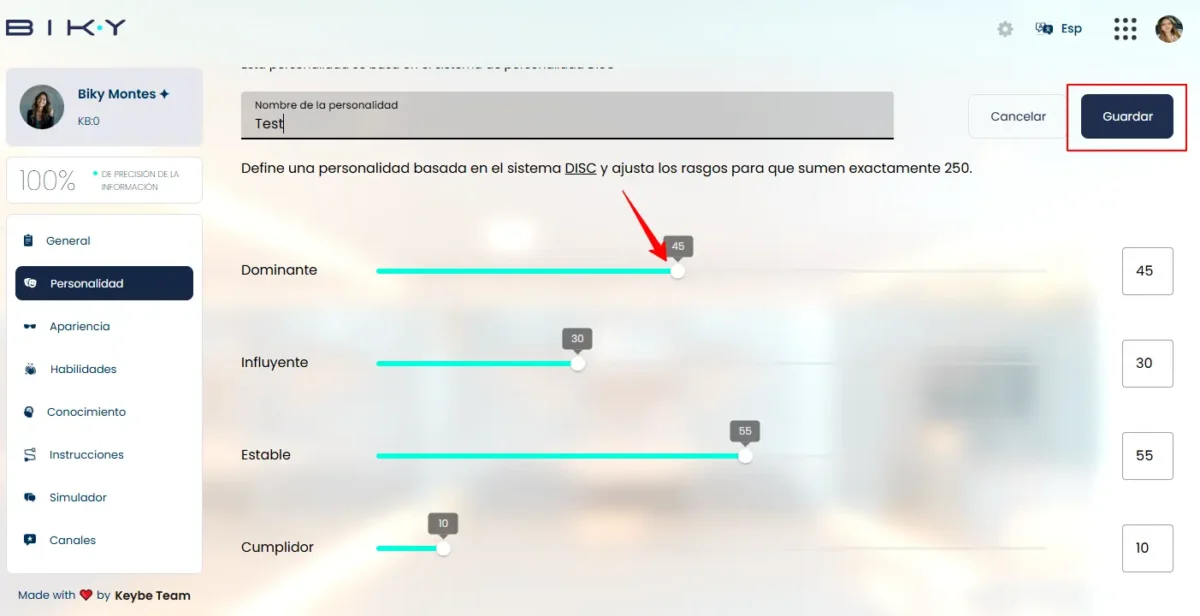 Pantalla para crear una personalidad personalizada para Biky AI, ajustando rasgos en sliders