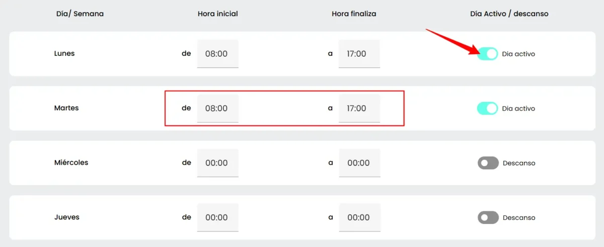 Definir horarios disponibles agentes para agendas en Biky AI