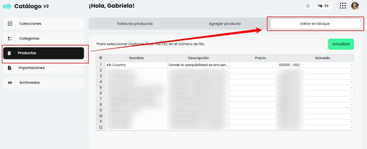 Menú de navegación en Keybe y Biky con acceso directo al catálogo de productos.