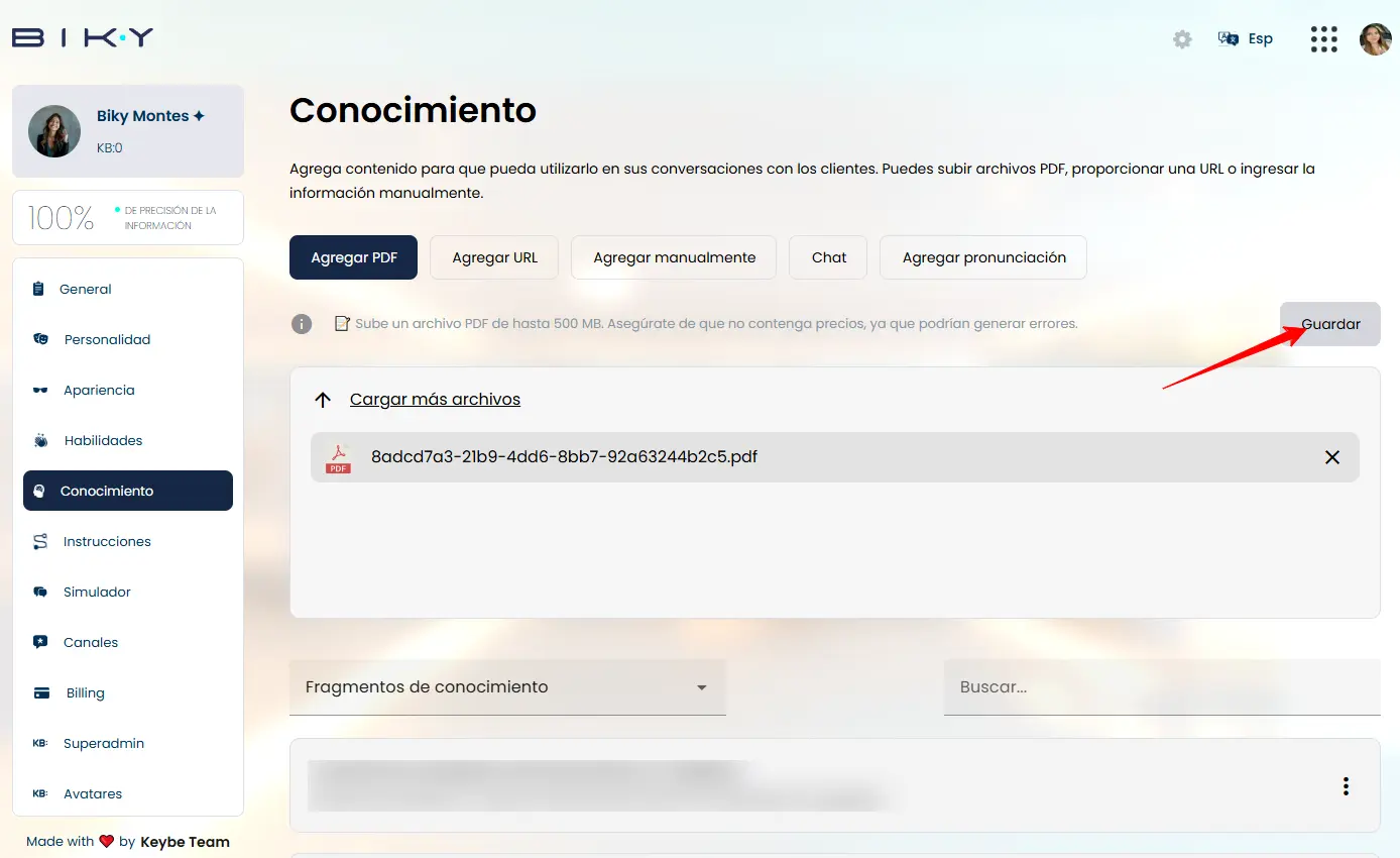 Opción para guardar archivos PDF y alimentar el conocimiento del Vendedor IA
