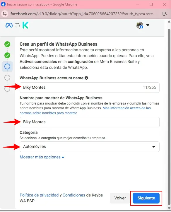 Meta Conexión Perfil Whatsapp Business con BIky AI - Keybe AI