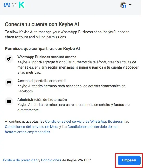 Meta Conexión con BIky AI - Keybe AI