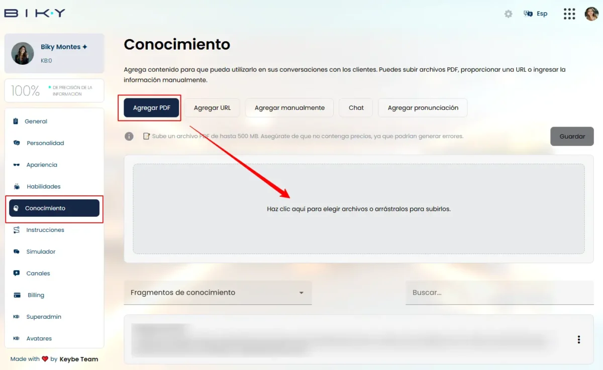 Vista general del módulo de entrenamiento y conocimiento en Biky AI