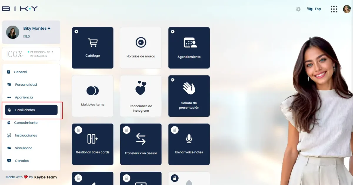 Vista del módulo de habilidades en Biky AI para configurar funciones del Vendedor IA