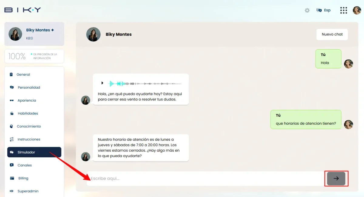 Vista del simulador de chat de Biky AI en acción, mostrando una conversación entre el usuario y la inteligencia artificial.