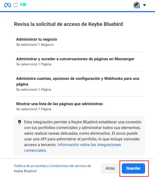 permisos facebook a conectar con Biky AI y Keybe AI