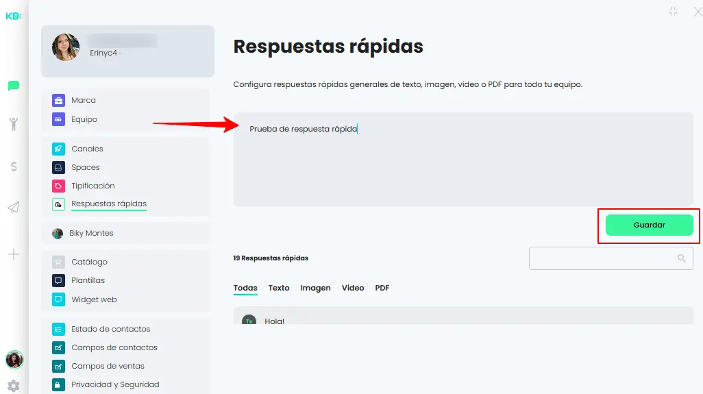 Configura tus respuestas rápidas