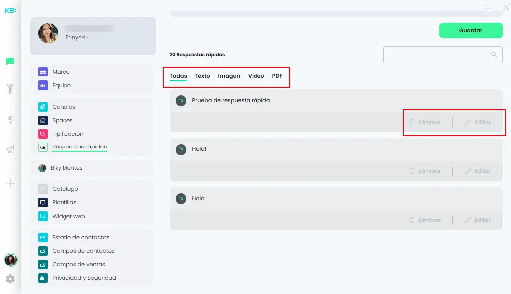 Configura tus respuestas rápidas